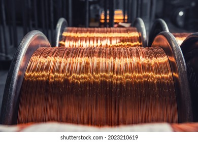 Copper wire cable production in coils, metal steel industrial plant. - Shutterstock ID 2023210619