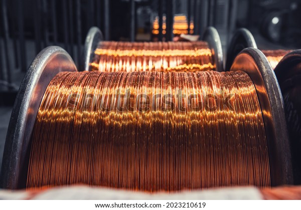 Copper wire cable production in coils, metal steel
industrial plant.