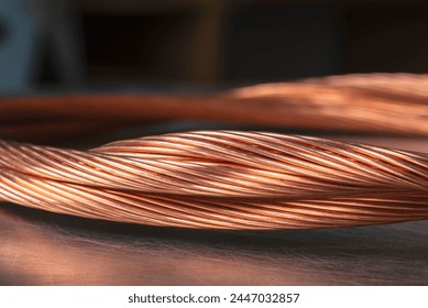 Copper wire cable, raw material energy industry Foto Stok