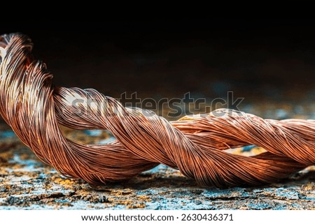 Copper wire on rusted metal background