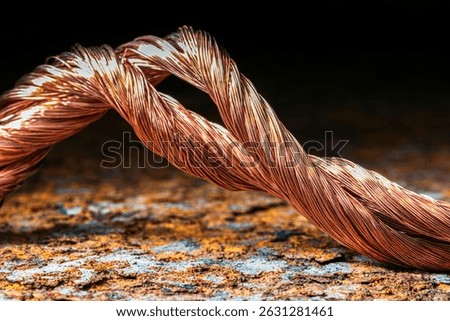 Copper wire on rusted metal background