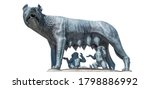 A copy of the Capitoline Wolf (Italian: Lupa Capitolina) isolated on white background. It is a bronze sculpture depicting a scene from the legend of the founding of Rome. 