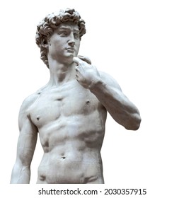 Copy Of The Marble Sculpture Of David Michelangelo Isolated On White Background. Ancient Greek Sculpture, Hero Statue