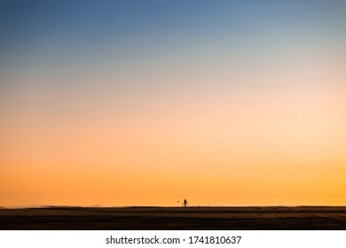 Copy paste space. Barely discernible silhouette of a person riding a bike, cycling along the coast line in the golden light of the evening sun. Scenic landscape of sunset - Shutterstock ID 1741810637
