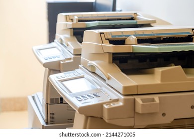 Copy shop copiers, photocopying point interior, two photocopiers copy machines objects closeup, detail, nobody. Photocopy archiving, scanning copying documents technology abstract concept, no people - Shutterstock ID 2144271005