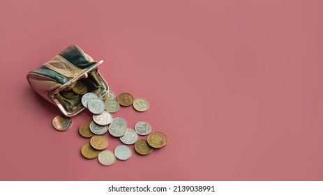 Copy Space Banner Background Of Ruble Coins Spilled Out Of Small Purse On Dark Pink Background.