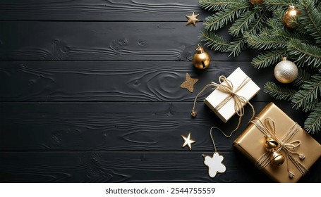 Copy space with christmas tree, bells, golden white gift box and christmas stuff decorative, on black wooden background top view - Powered by Shutterstock