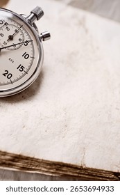 copy space, Clock time stop watch ticking on a 5 seconds. antique  Mechanical stopwatch Half of Clock dial close-up isolated. vintage textured paper  background, Antique Wristwatch Macro Closed