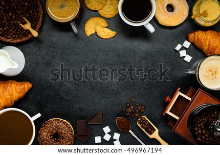 Copy Space Frame with Donuts, biscuits and other Brewing ingredients on dark Background