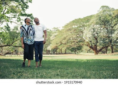 Copy Space Happy Couple Black People  In The Garden