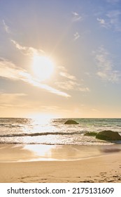 Copy Space Landscape And Seascape View Of A Sunset At Tropical Beach In Summer. Idyllic Seaside Tourist Attraction In Camps Bay, Cape Town In South Africa. Holiday Resort At Seashore On Vacation