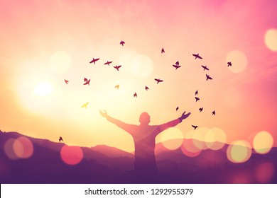 Copy space man raise hand up on top of mountain and sunset sky with birds fly abstract background. Freedom travel adventure and business victory concept. Vintage tone filter effect color style.
