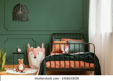 Copy Space On Empty Dark Green Wall Of Trendy Bedroom Interior