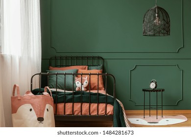 Copy Space On Empty Dark Green Wall Of Trendy Bedroom Interior