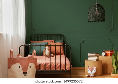 Copy Space On Empty Dark Green Wall Of Trendy Bedroom Interior