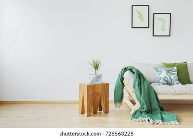 Copy Space Of Simple Eco Studio Interior With Tree Stump Side Table, Green Blanket, Wooden Sofa And Posters