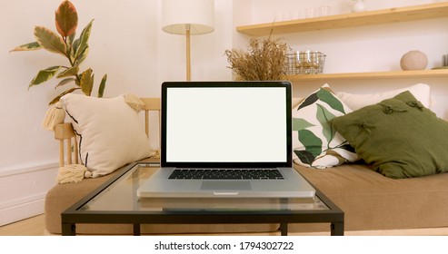 Copy Space Template - Close Up Shot Of Modern Laptop With Chroma Key Green Set Up For Work In Living Room At Home - Technology, Design Concept