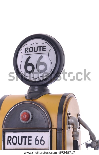 copy of a yellow vintage route 66 fuel pump\
isolated on white\
background