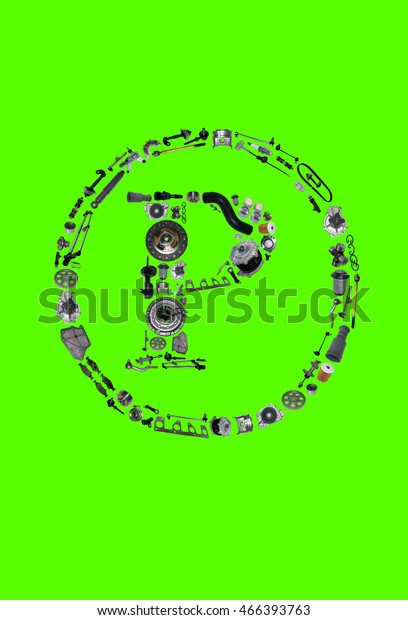 Copyright icone with auto parts\
for car. Spare parts for car for shop, aftermarket OEM. Many auto\
parts isolated in copyright icone on green screen, chroma\
key
