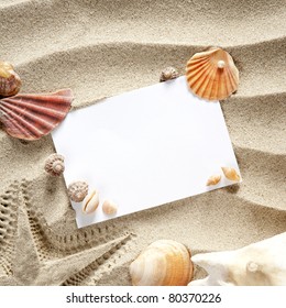 Copyspace Blank Paper On White Beach Sand Summer Starfish And And Shells