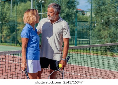 copyspace senior couple of tennis players looks at each other with love and affection on the club court, holding their rackets. This moment captures their deep connection and shared passion for tennis - Powered by Shutterstock