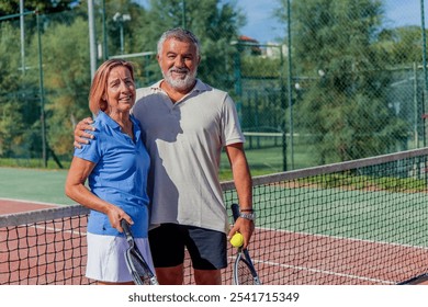 copyspace senior couple of tennis players shares a joyful hug, smiling at the camera while holding their rackets on the club court - Powered by Shutterstock