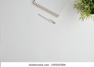 Copyspace for your advert or notes surrounded by pen, notebook and green domestic plant in flowerpot