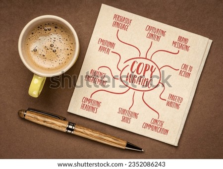 copywriting infographics or mind map sketch on a napkin with coffee, marketing, branding and communication concept