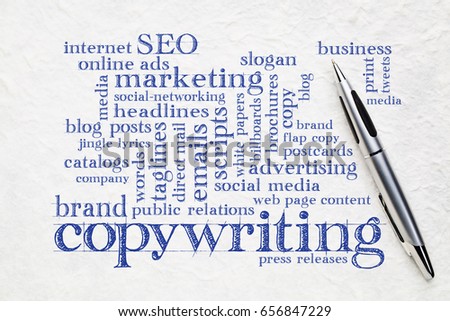 copywriting word cloud  - handwriting on a white lokta paper with a pen