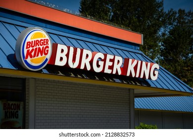 Coquitlam, BC | Canada - July 15th, 2020: A Close Up Of A Burger King Logo Store Front Sign At A Busy Hamburger Franchise Chain Location In Coquitlam British Columbia