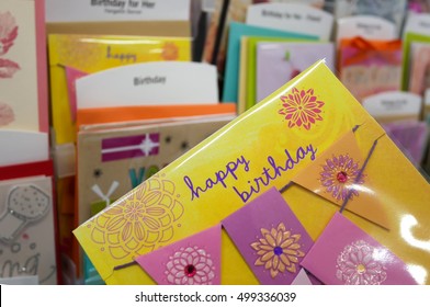 Coquitlam, BC, Canada - October 14, 2016 : Close Up Woman Holding Happy Birthday Card Inside Superstore