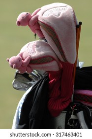 COQUITLAM, CANADA - AUGUST 21, 2015: A Variety Of Colorful Golf Club Head Covers Are Seen On Golfers Bags At The CN Canadian Women's Open LPGA Golf Tournament In Coquitlam, Canada, August 21, 2015. 