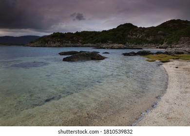 Coral Beech Near Plockton On A Dull Day With Calm Water. West Highlands, Scotland, UK.