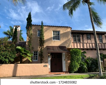 Coral Gables, FL / USA - July 5, 2020: Coral Gables Villages, French City Village. Miami, Florida National Landmark Homes From The 1920s.