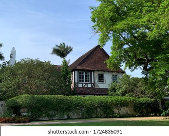 Coral Gables, FL / USA - July 5, 2020: Coral Gables Villages, French City Village. Miami, Florida National Landmark Homes From The 1920s.