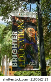 CORAL GABLES, FL, USA - JULY 2, 2022: Campus Flag And Banner At The University Of Miami.