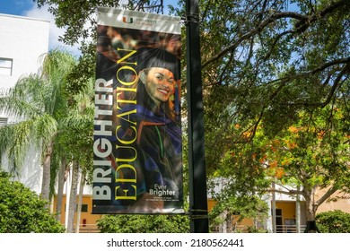 CORAL GABLES, FL, USA - JULY 2, 2022: Campus Flag And Banner At The University Of Miami.