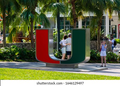 Coral Gables, Florida/USA - February 15, 2020: University Of Miami Logo Monument. Peoples Take Pictures Near The Miami University Symbol.