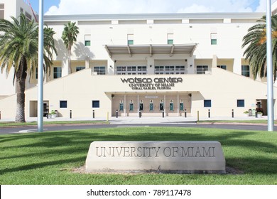 Coral Gables FL/USA: Nov 30, 2017 – Carved Stone Sign Greets Visitors To The University Of Miami And Watsco Center Which Is Home To The University Of Miami Hurricanes Basketball Teams. 