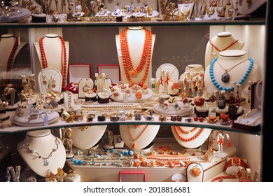 Coral jewelry in Croatia. Jewellery shop window display in Dubrovnik, Croatia. Adriatic coral.