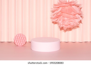 coral pink podium with geometric shapes and feather flower background monochrome stage for product promotion with selective focus - Powered by Shutterstock