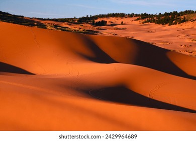Coral Pink Sand Dunes State Park - it features uniquely pink-hued sand dunes located beside red sandstone cliffs (between Mount Carmel Junction and Kanab, southwestern Utah, United States) 库存照片