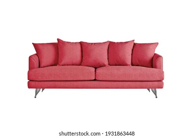Coral red fabric sofa on brushed metal legs with pillows isolated on white background. Series of furniture