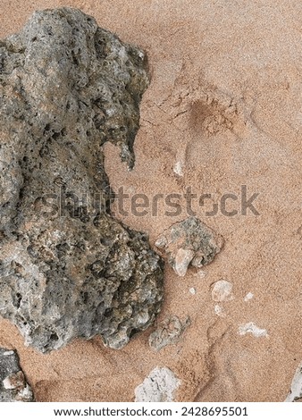 coral rocks on the sand on the beach in West Java, Indonesia. Very beautiful, sandy rocky beach with a large layer of piles of dust, sandstone, texture and sand