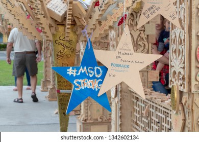 Coral Springs, Florida USA - March 17, 2019: Wooden Temple Of Memory Of Victims Marjory Stoneman Douglas High School Students In Coral Springs, FL