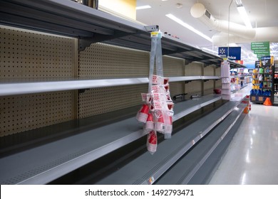 Coral Springs, Florida/USA - August 31, 2019: Empty Shelves In Local Store Walmart For Hurricane Dorian Preparations. Florida Hurricane Season 2019. Hurricane Category 4.