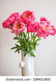 Coral Tree-like Peonies In A White Vase