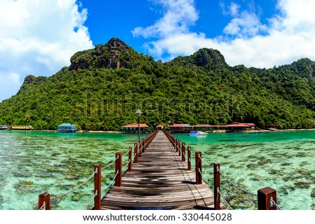 Corals reef and islands seen from the jetty of Bohey Dulang Island, Sabah, Malaysia.