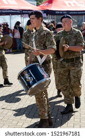 Corby, U.K. September 14, 2019 - Army Band Playing At Musical Instruments At British Fire Engine Open Day Family Event At Fire Station In Corby, U.K Military Musician