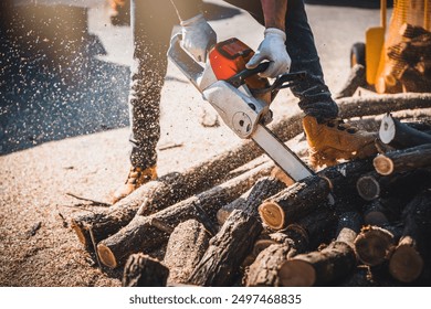 Cordless Chainsaw. Close-up of woodcutter sawing chain saw in motion, sawdust fly to sides. Chainsaw in motion.  Sawdust fly around. Firewood processing.